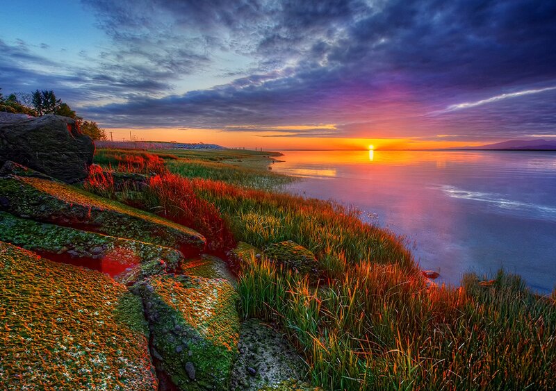 Sunset over Marshland — Orange, Dramatic, Photograph, Rocks