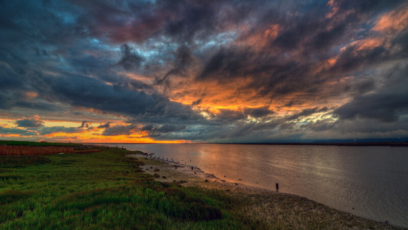 Sunset over Marshland — Orange, Dramatic, Photograph, Sky, Water