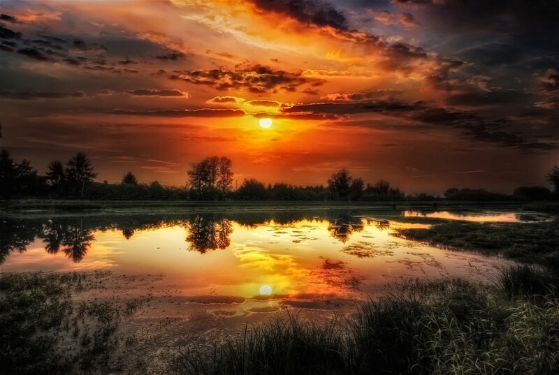 Sunset over Marshland — Orange, Dramatic, Photograph, Sun