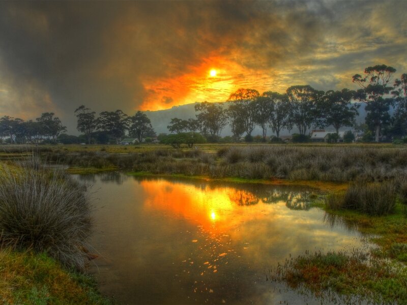 Sunset over Marshland — Orange, Dramatic, Photograph, Trees, Pond, Mountain, Yellow, Green
