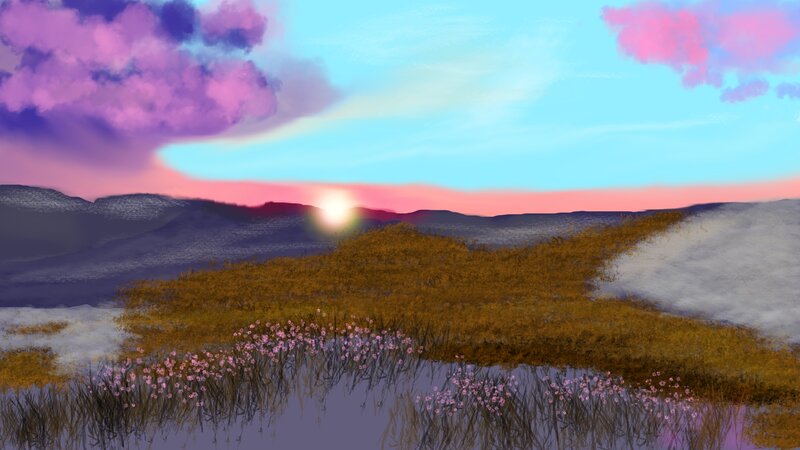 Sunset over Marshland — Purple, Serene, Digital Art