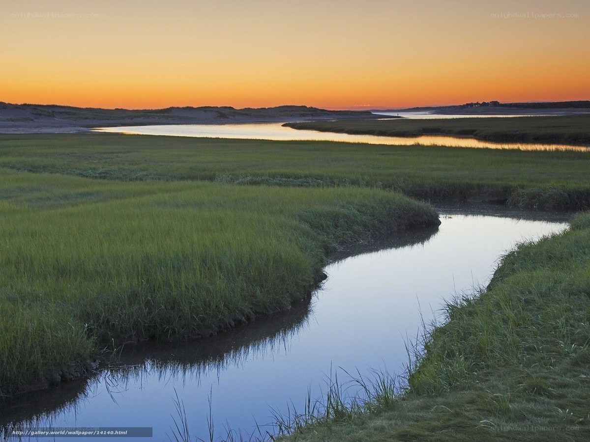 Sunset over marshland stream