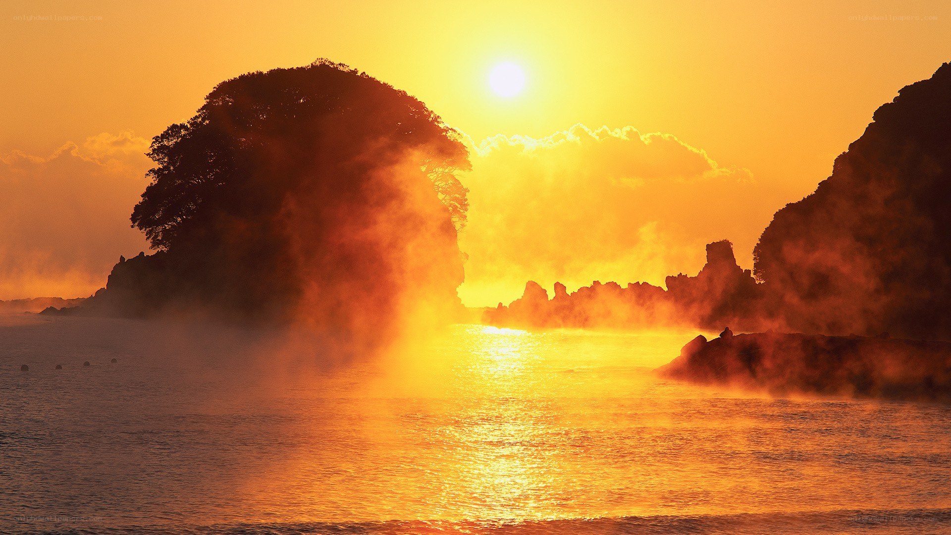 Sunset over misty coastal rocks