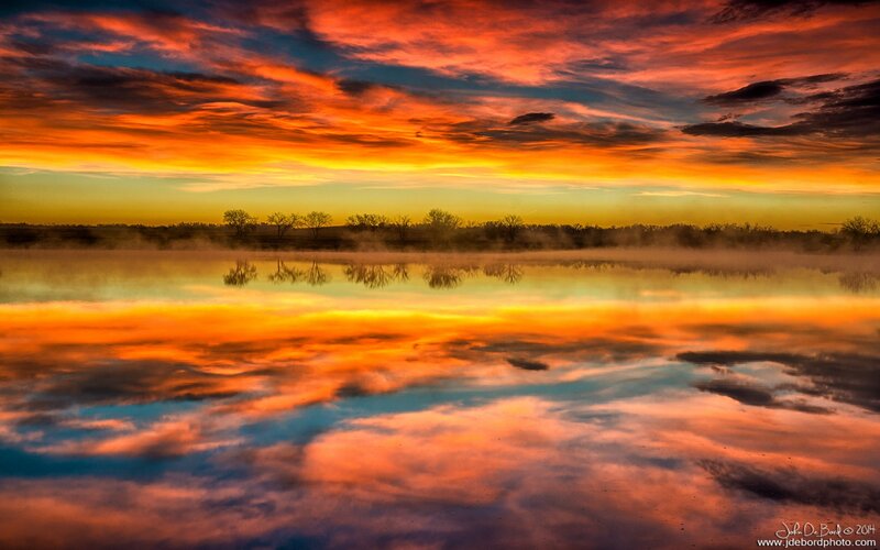 Sunset over Misty Lake — Orange, Dramatic, Photograph