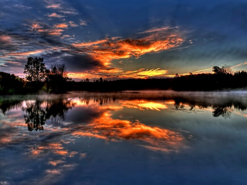 Sunset over Misty Lake — Orange, Dramatic