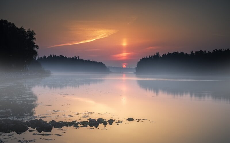 Sunset over Misty Lake — Orange, Serene