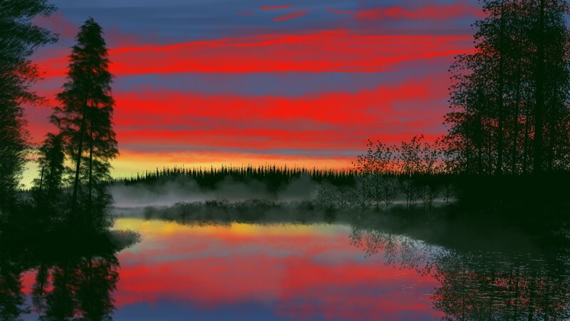Sunset over Misty Lake — Red