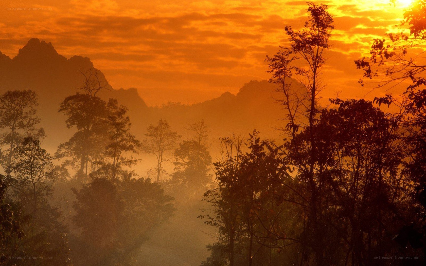 Sunset over misty mountains