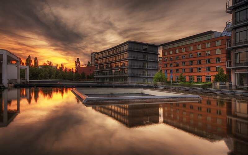 Sunset over modern buildings