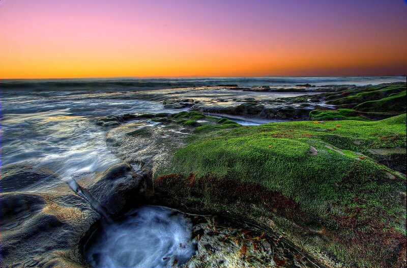 Sunset over mossy rocks