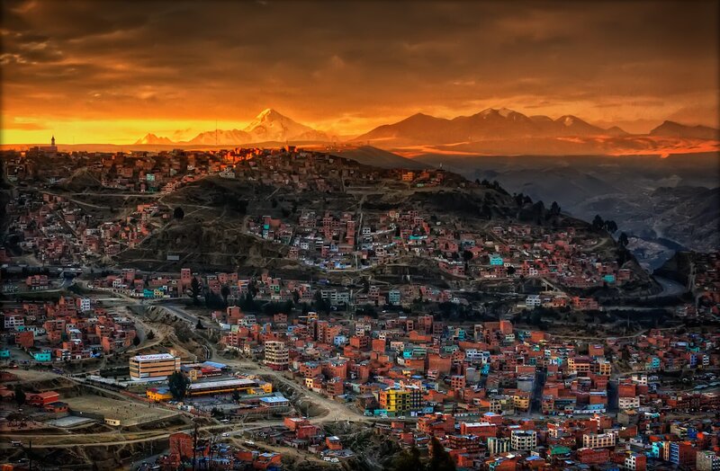 Sunset over mountain city
