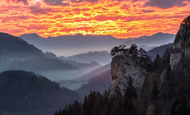 Sunset over mountain cliffs