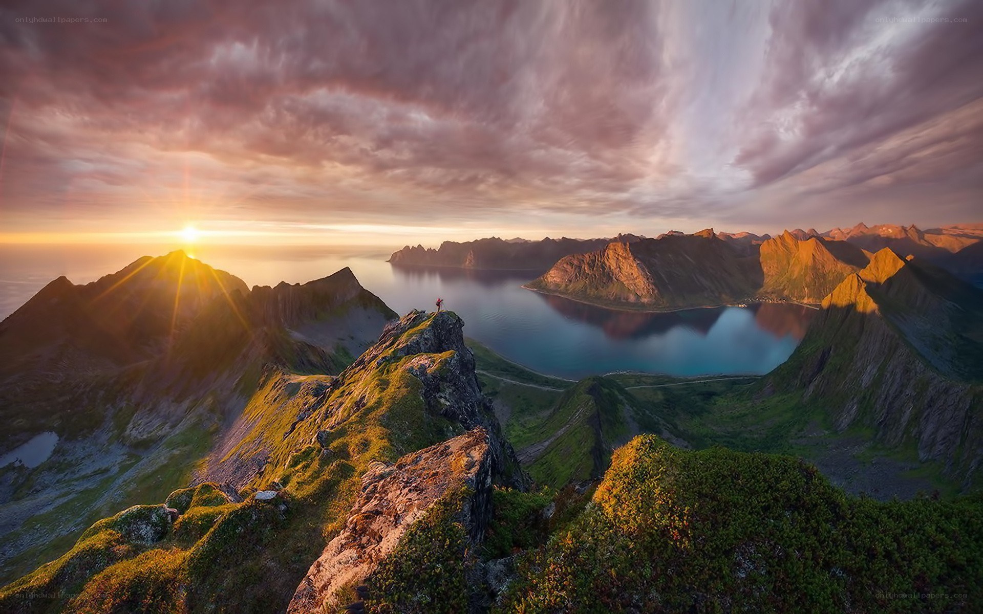 Sunset over mountain fjord
