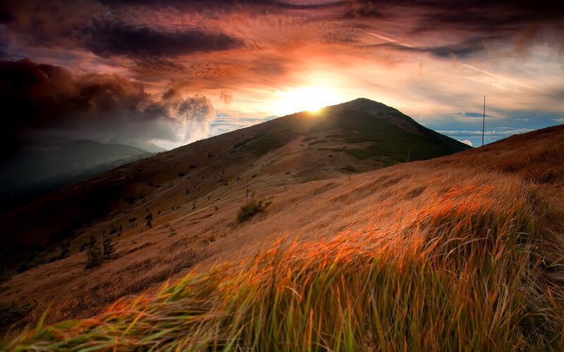 Sunset over mountain hills