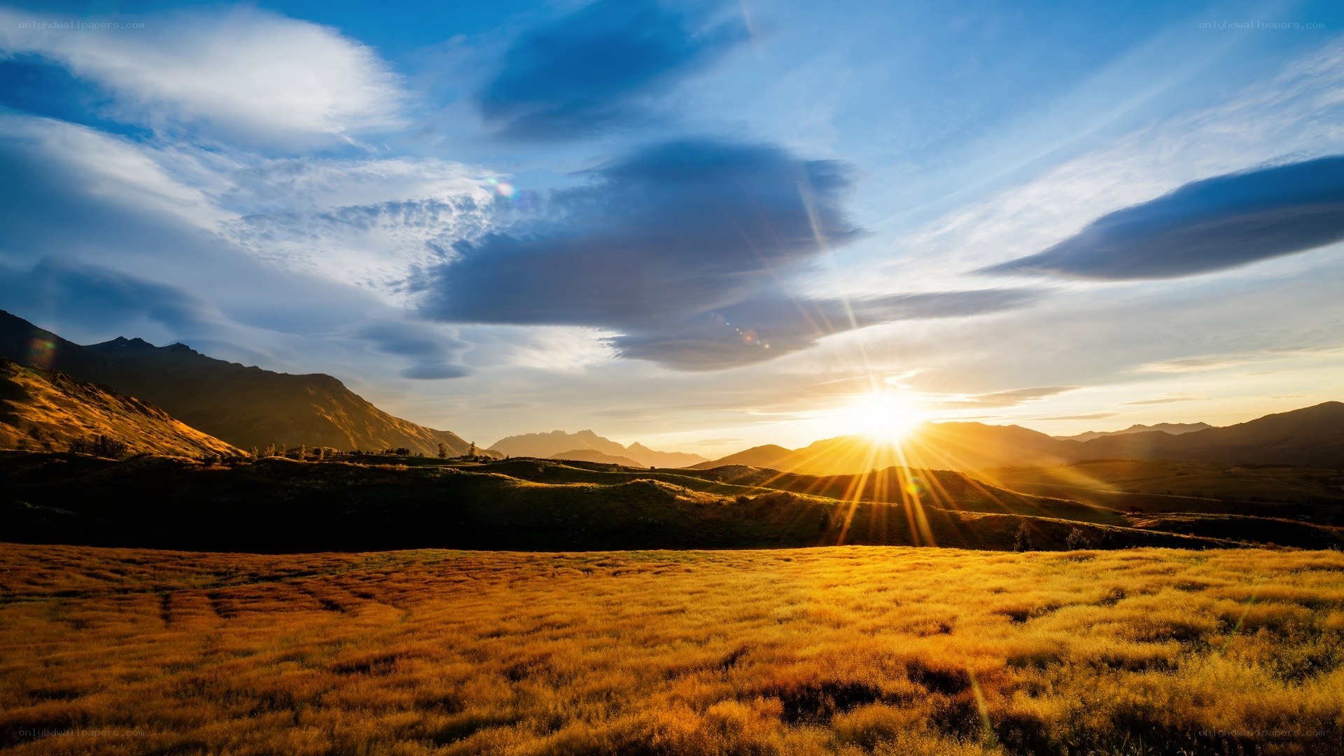 Sunset over mountain hills