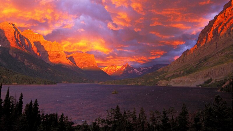 Sunset over mountain lake