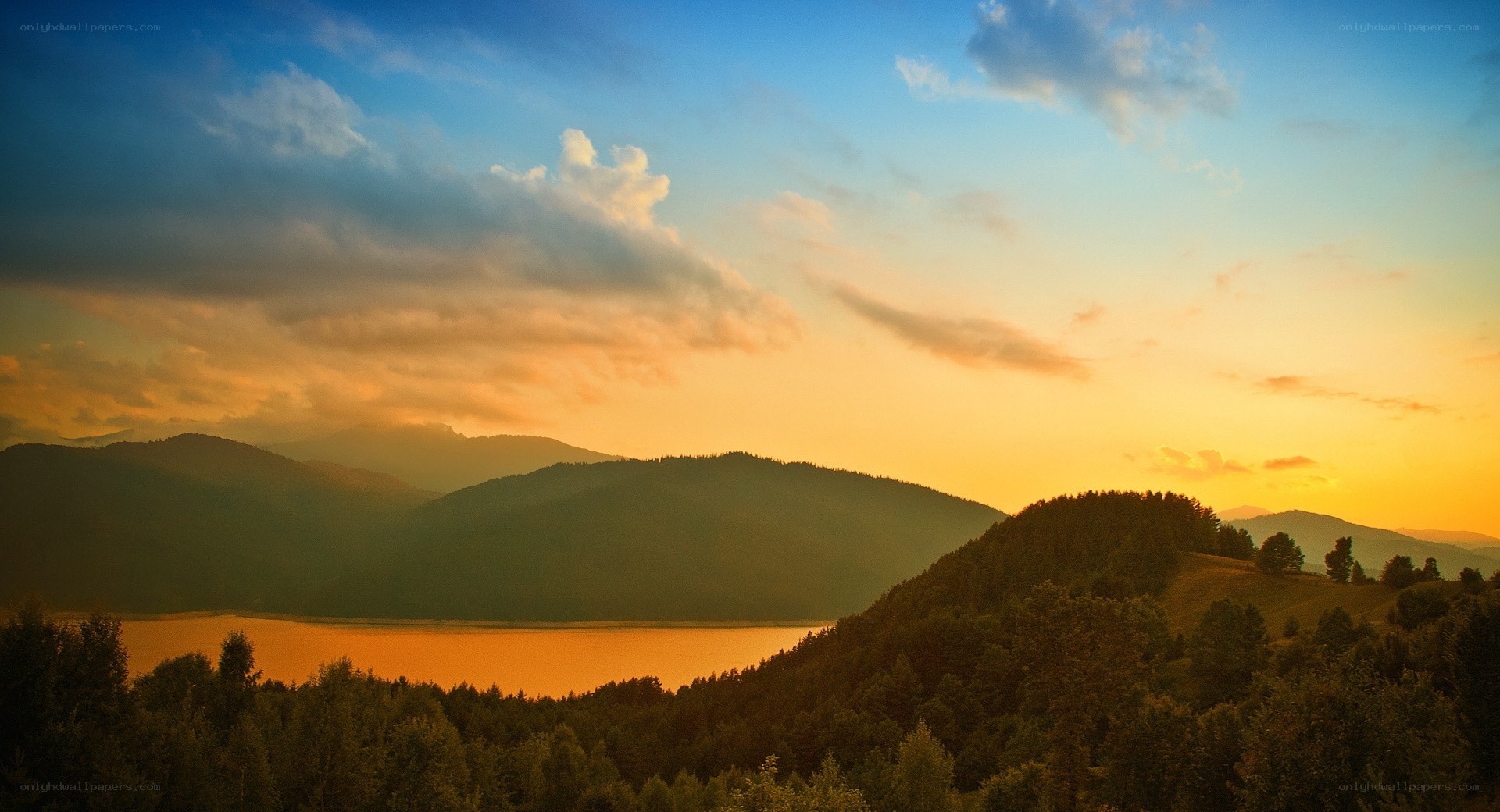 Sunset over mountain lake