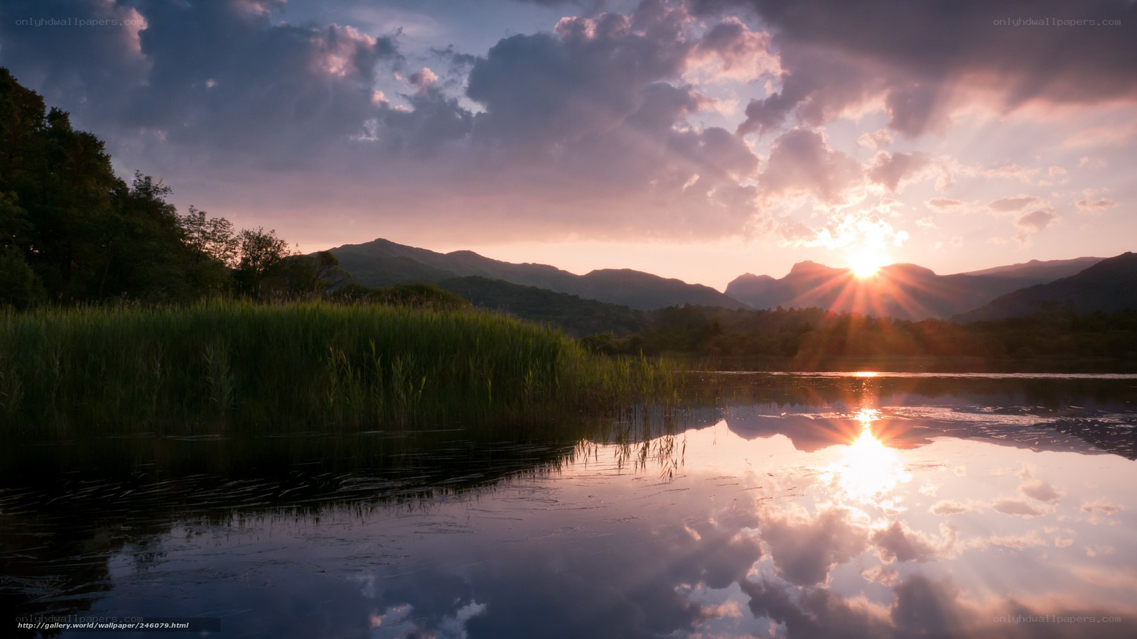 Sunset over mountain lake