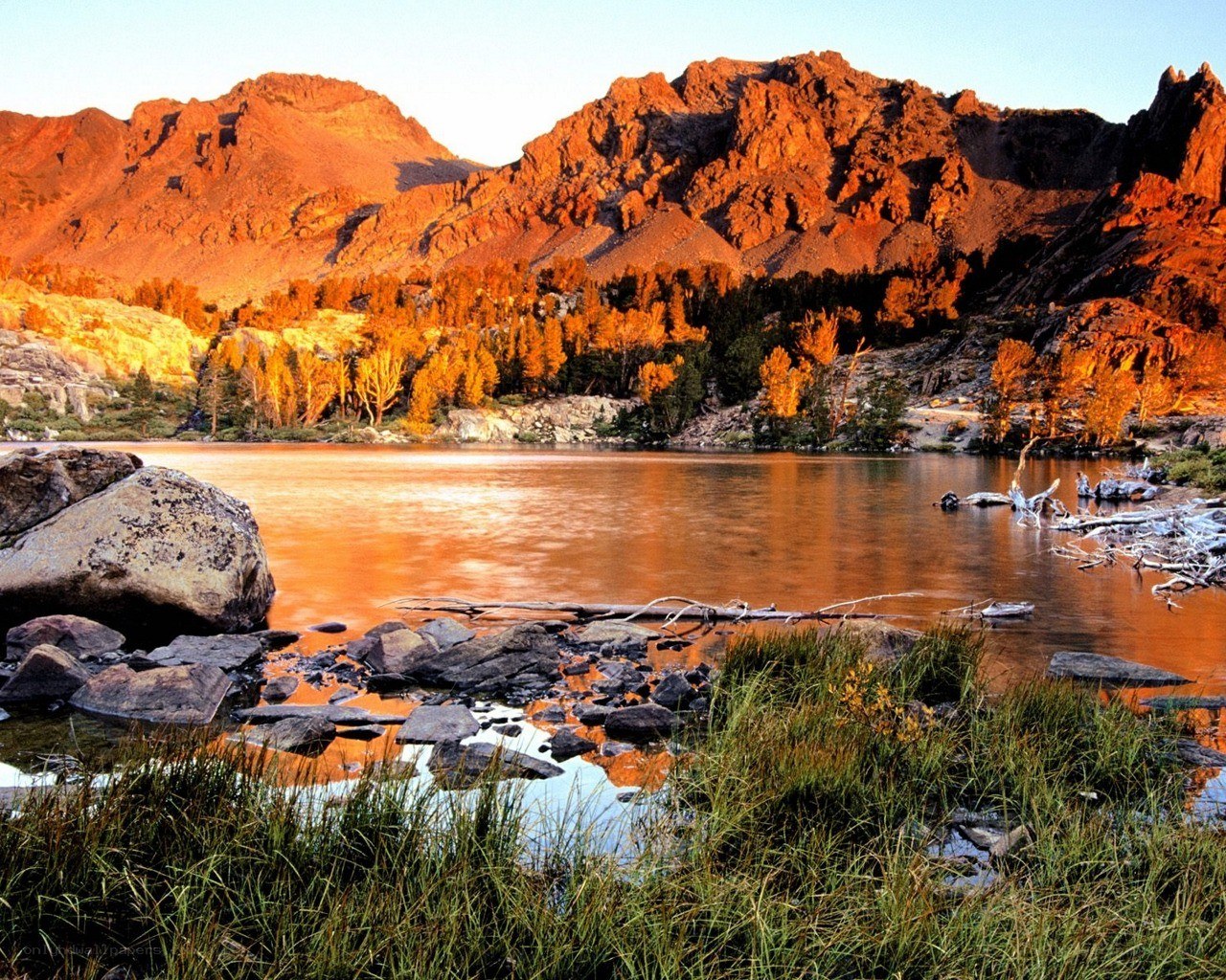 Sunset over mountain lake