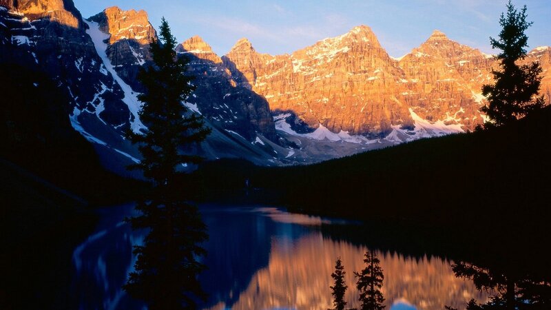 Sunset over mountain lake