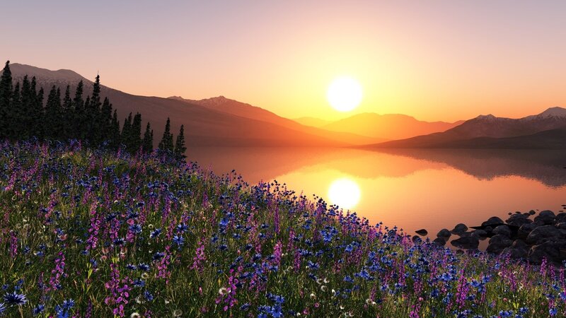 Sunset over mountain lake