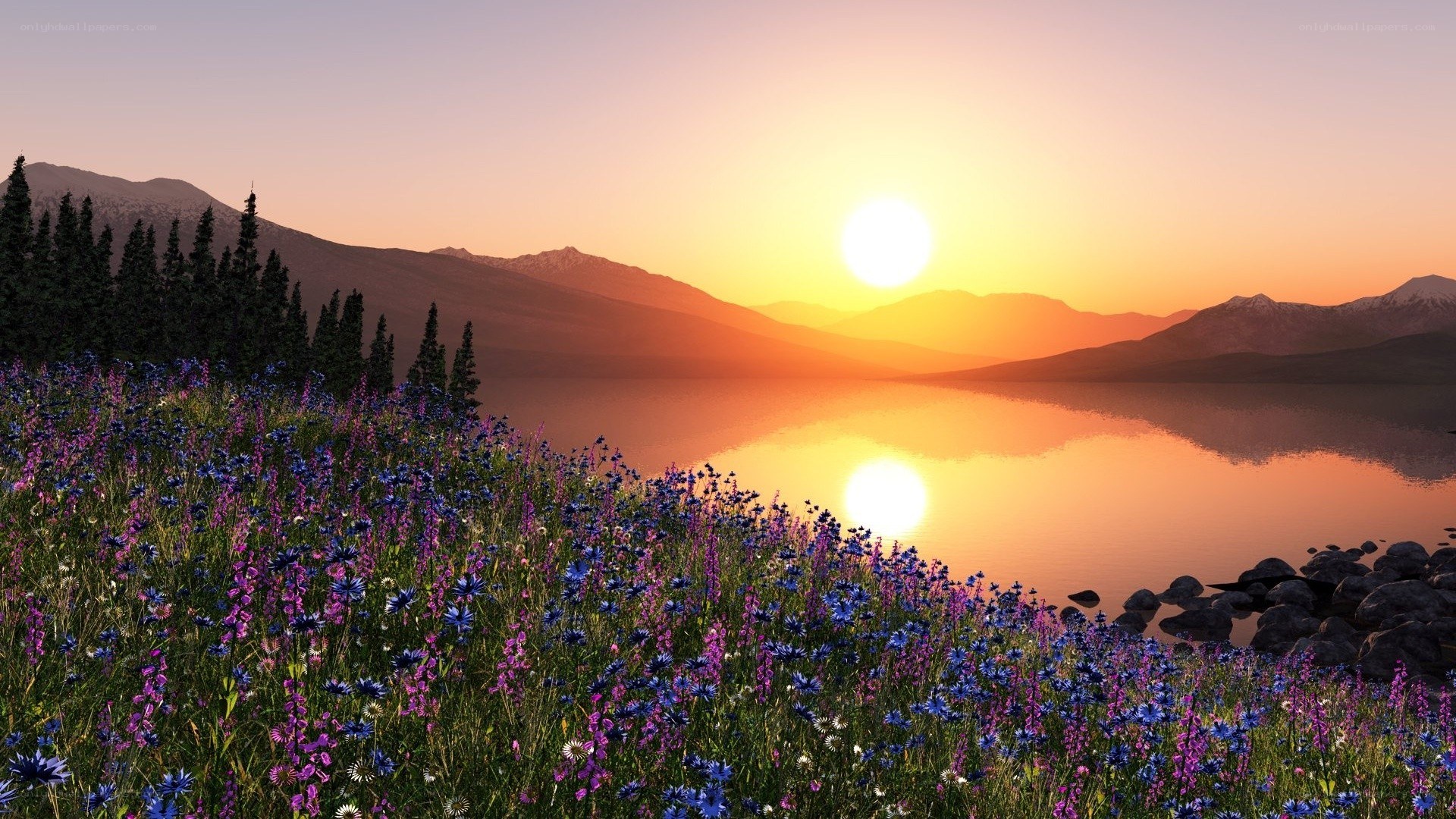 Sunset over mountain lake