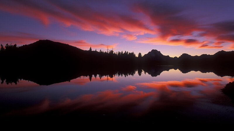 Sunset over mountain lake
