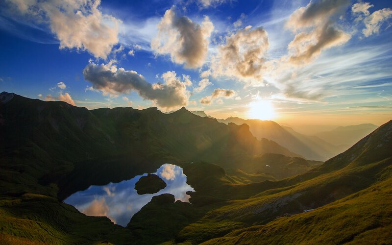 Sunset over mountain lake
