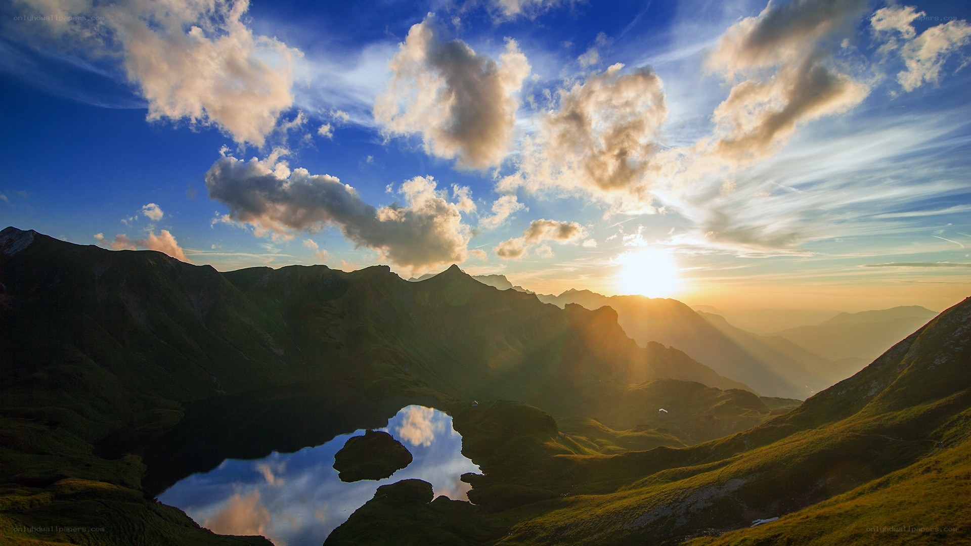 Sunset over mountain lake