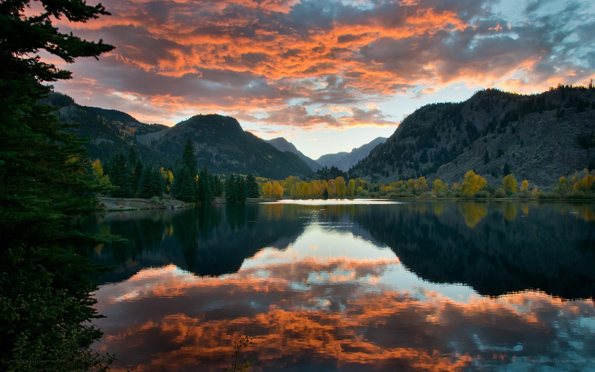 Sunset over mountain lake