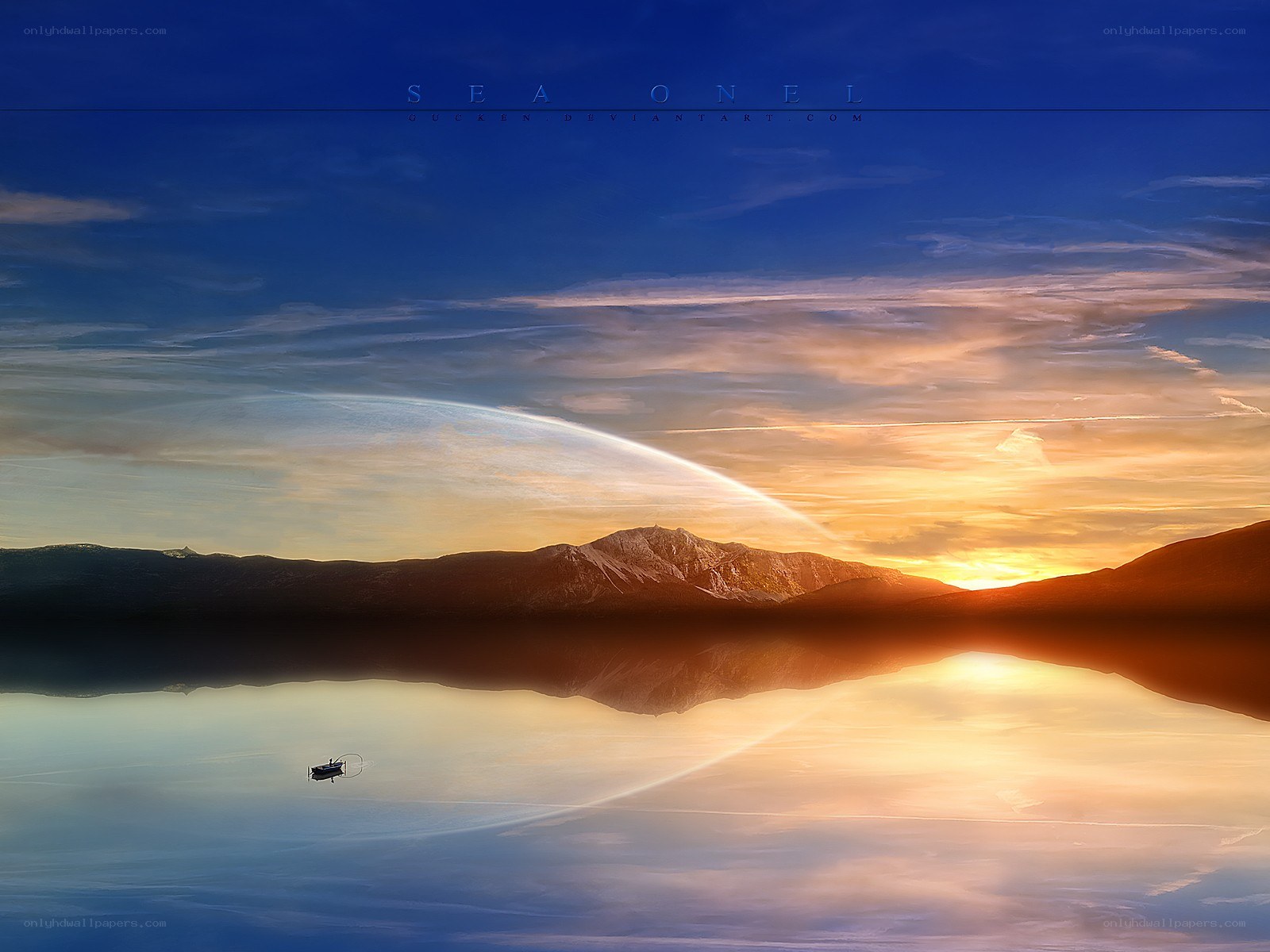 Sunset over mountain lake