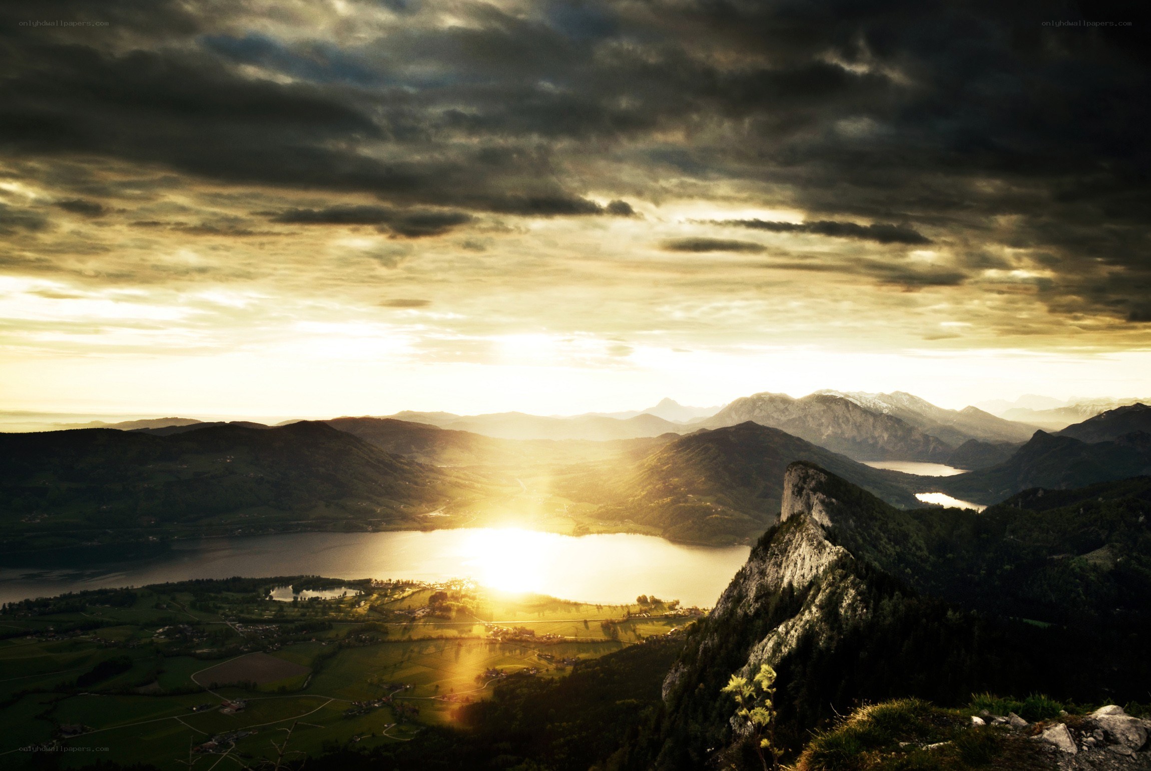 Sunset over mountain lake