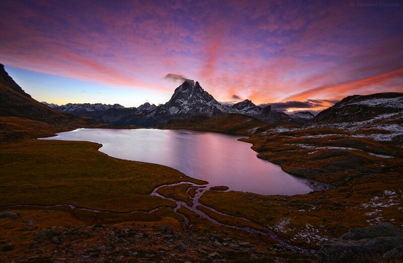 Sunset over mountain lake