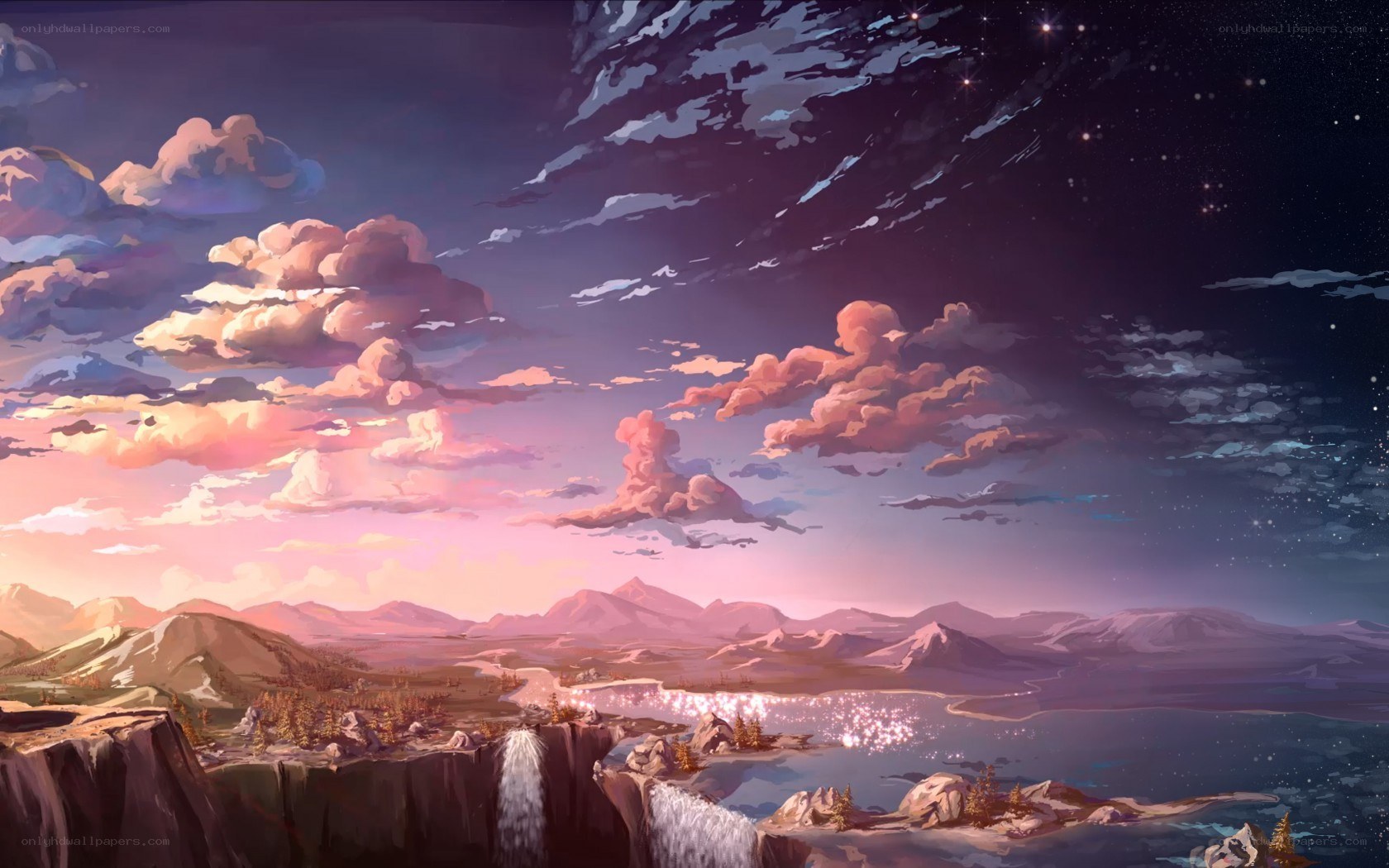 sunset over mountain lake