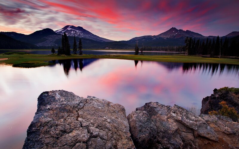 Sunset over mountain lake
