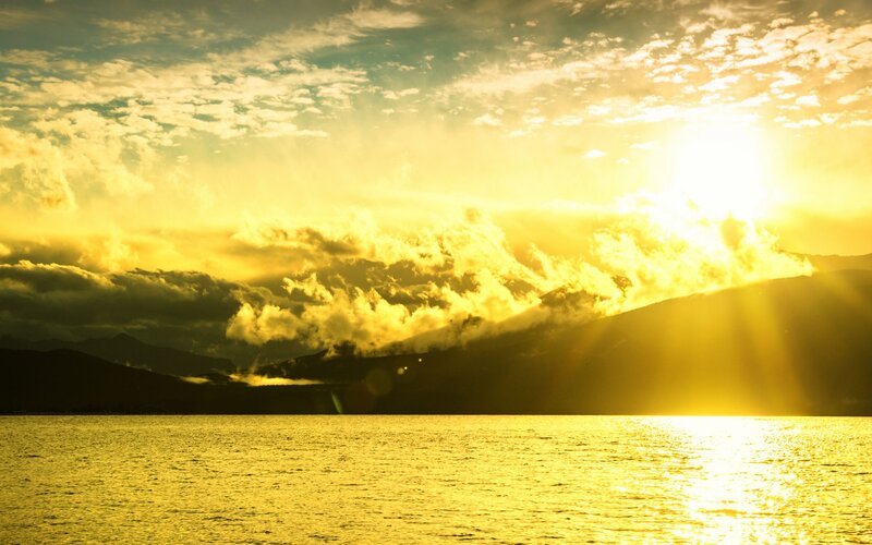 Sunset over mountain lake