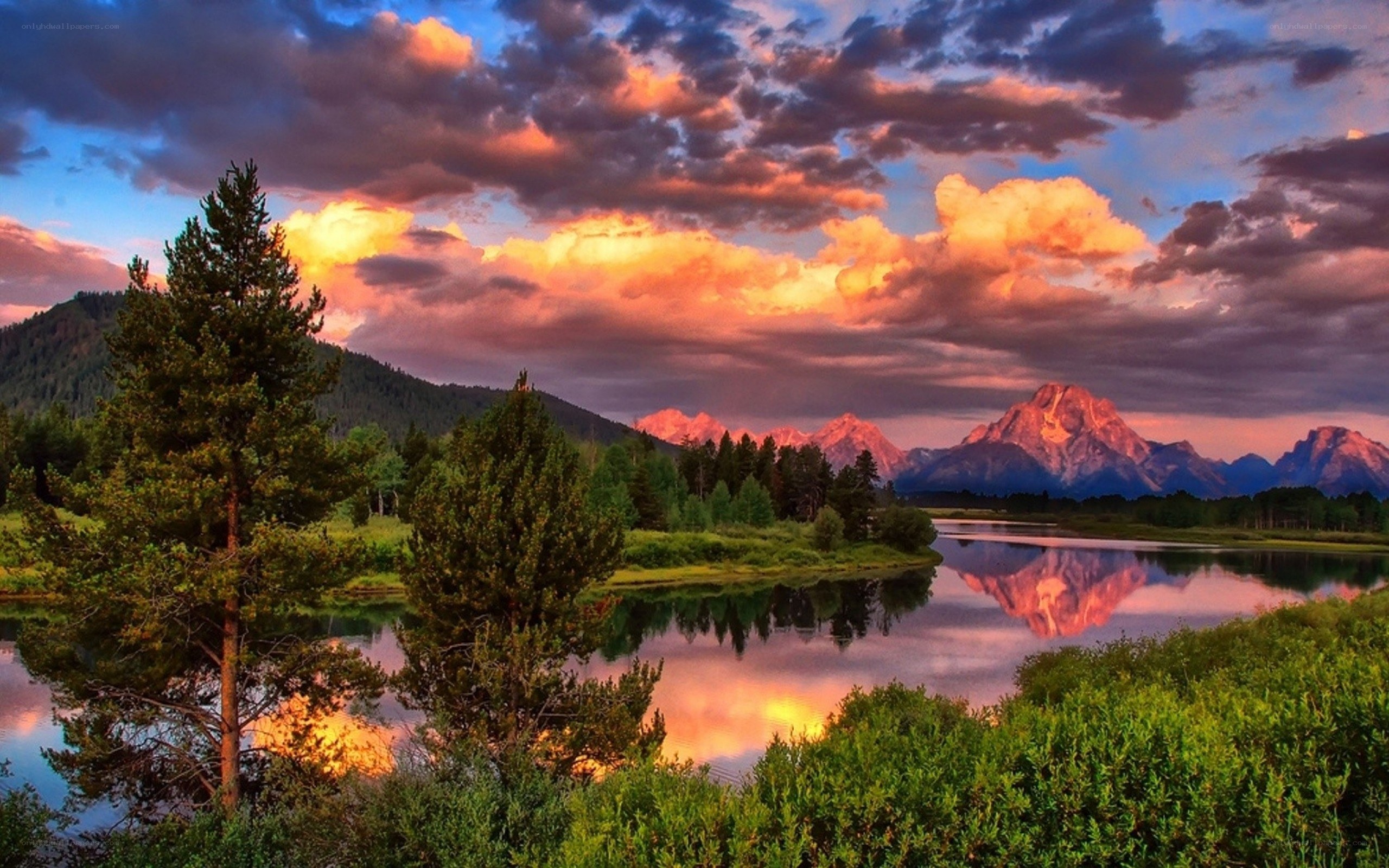 Sunset over mountain lake