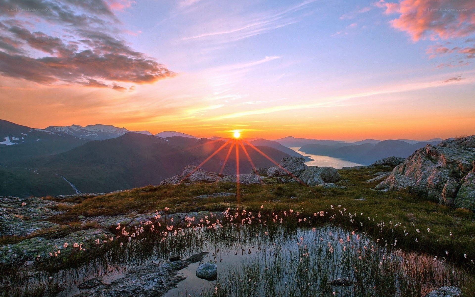 Sunset over mountain lake