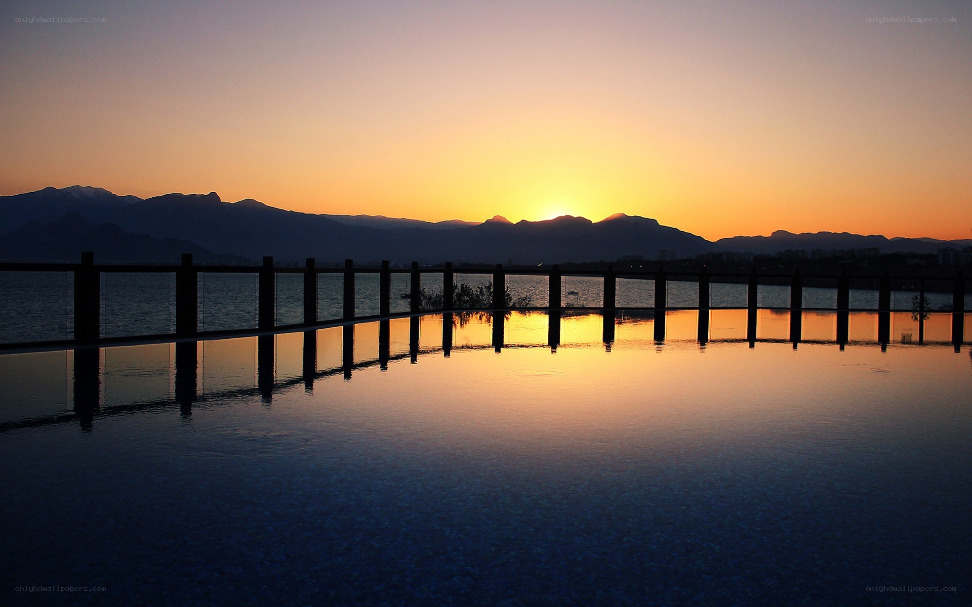 Sunset over mountain lake