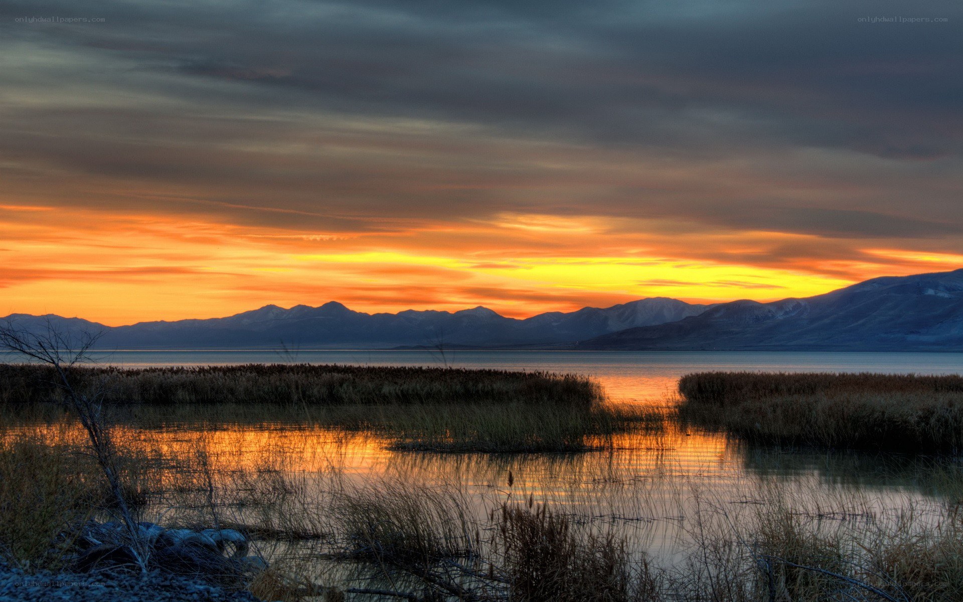 Sunset over mountain lake