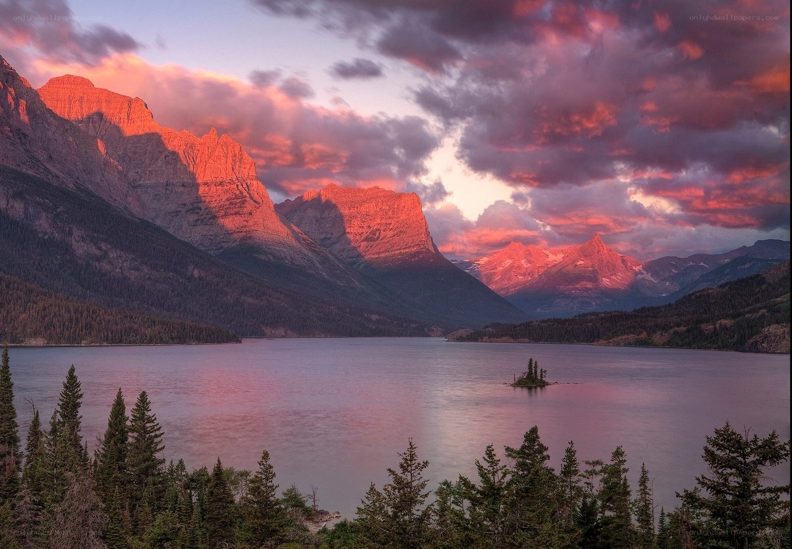 Sunset over mountain lake