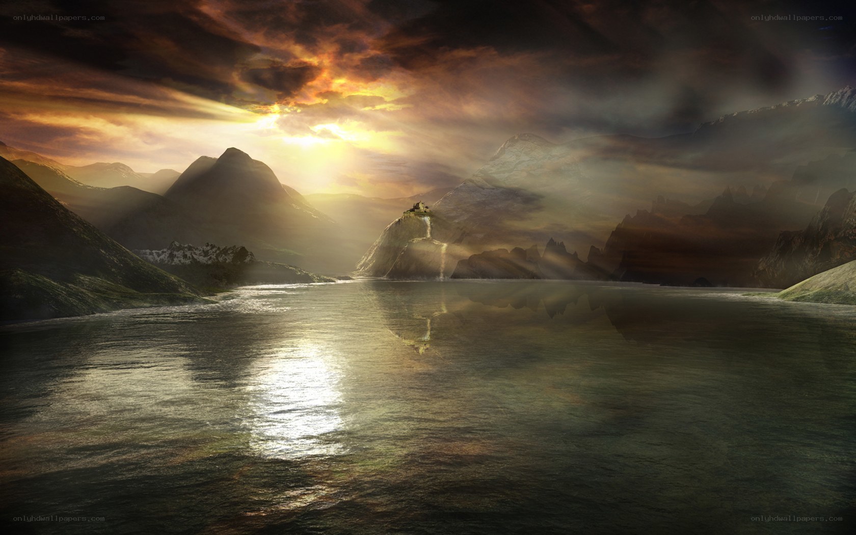 Sunset over mountain lake