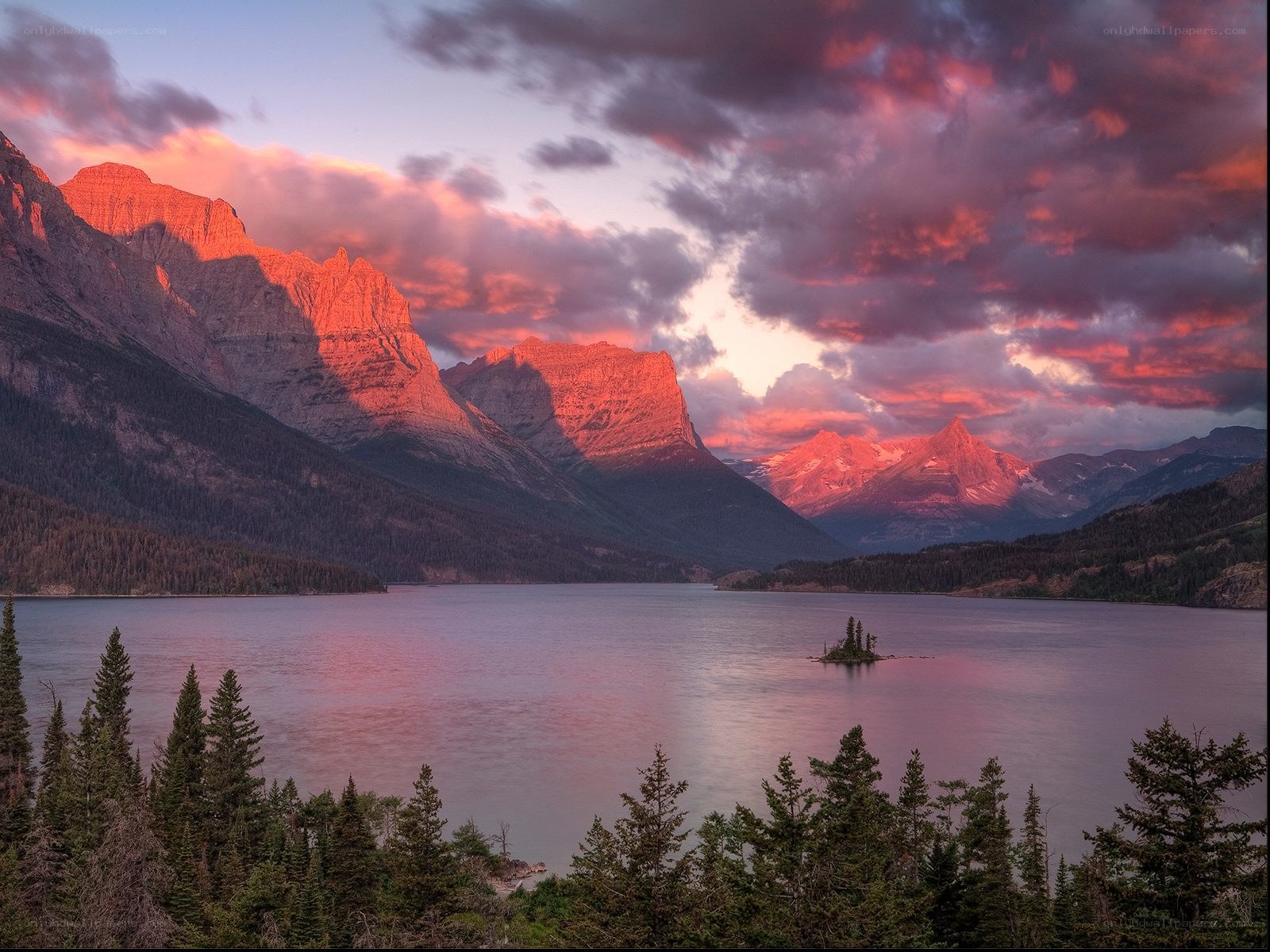 Sunset over mountain lake