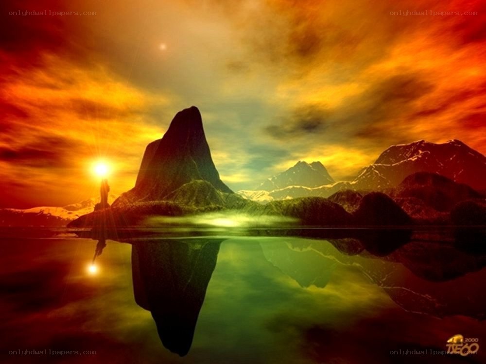 Sunset over mountain lake