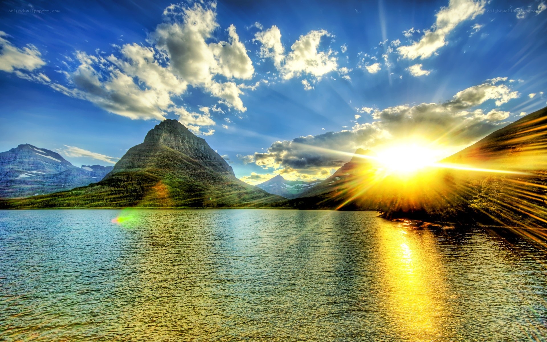 Sunset over mountain lake