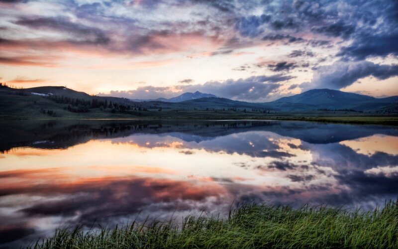 Sunset over mountain lake