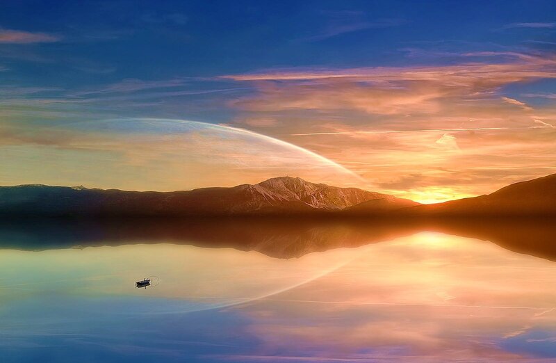 Sunset over mountain lake