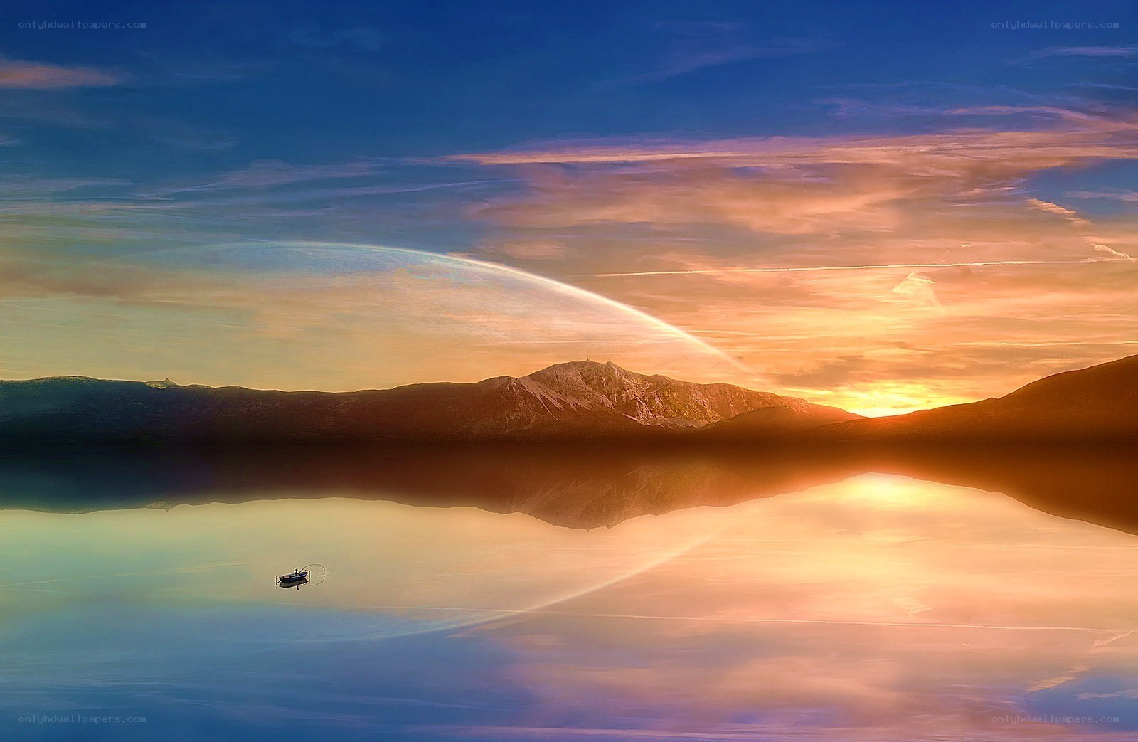 Sunset over mountain lake