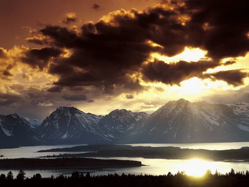 Sunset over mountain lake
