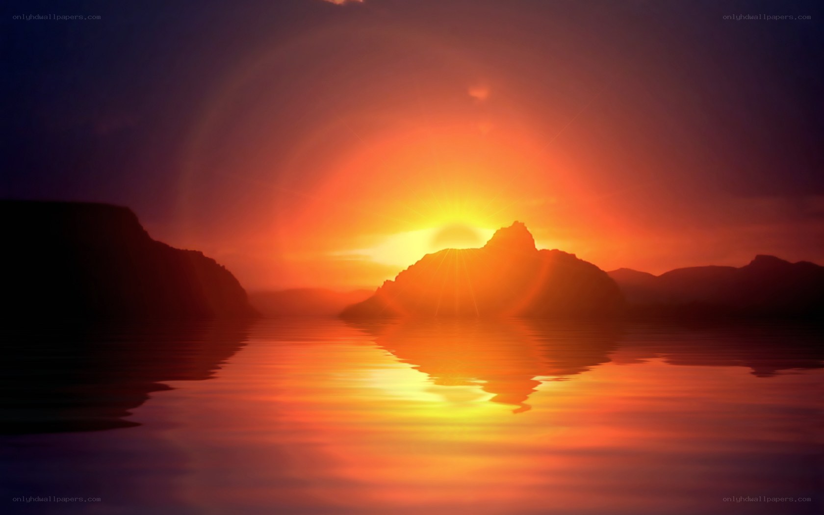 Sunset over mountain lake